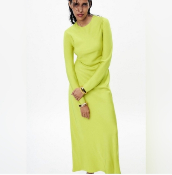 ZARA Satin Effect Vibrant Lime Long Sleeve Dress Open Tie Back. Size Large NWT - Picture 9 of 16